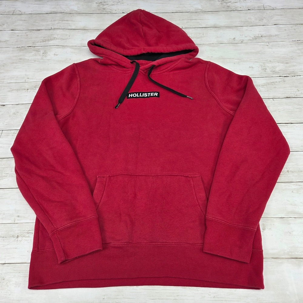 Hollister Logo Patch Pullover Hoodie Mens Medium Red Fleece Kangaroo Pocket